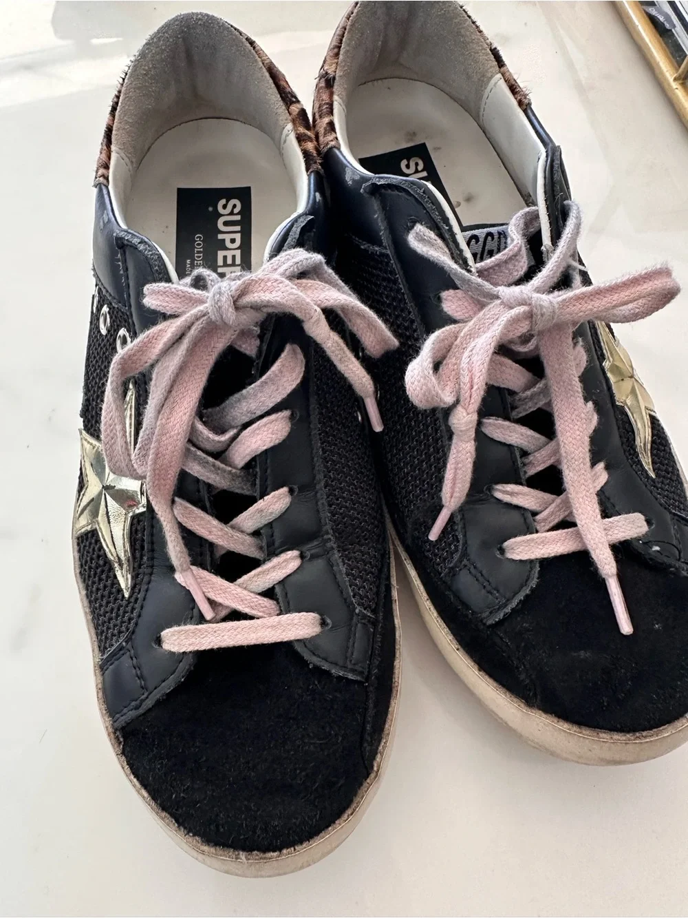 Golden Goose Superstar black leather and mesh upper golf star leopard back size